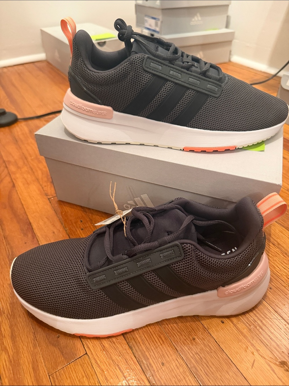 adidas Kids Racer TR21 Sneakers in Dark Gray with Pink and Orange Accents - Picture 2 of 4